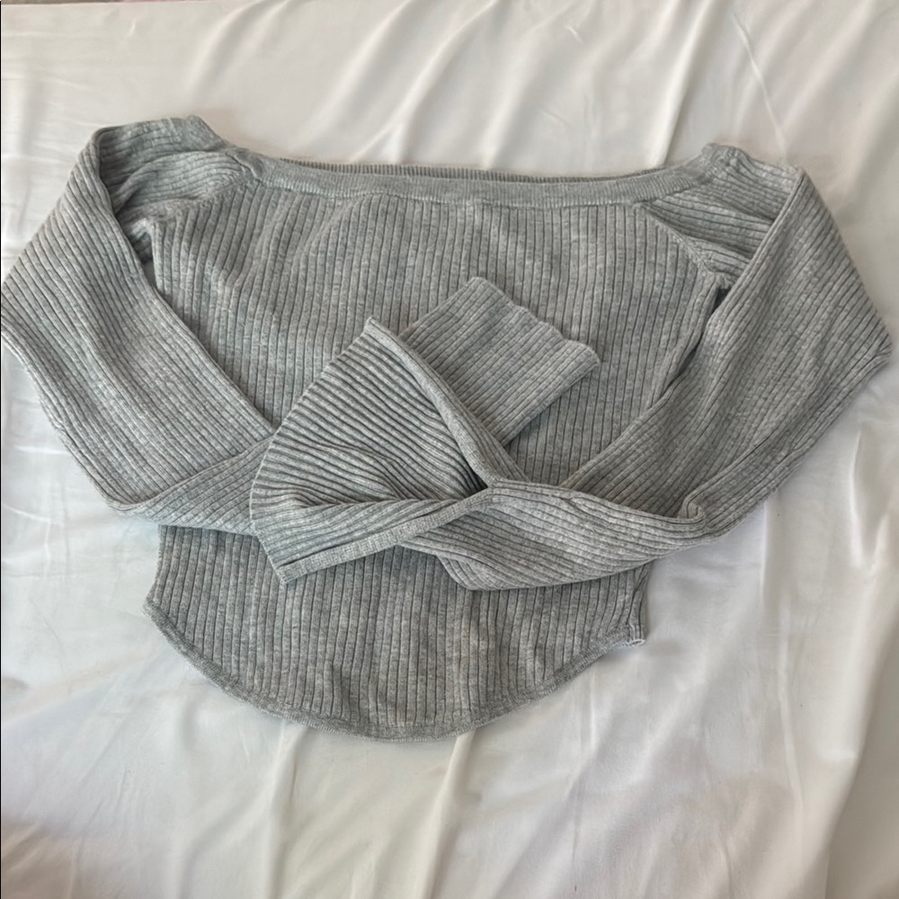 Gray Ribbed Off-Shoulder Sweater